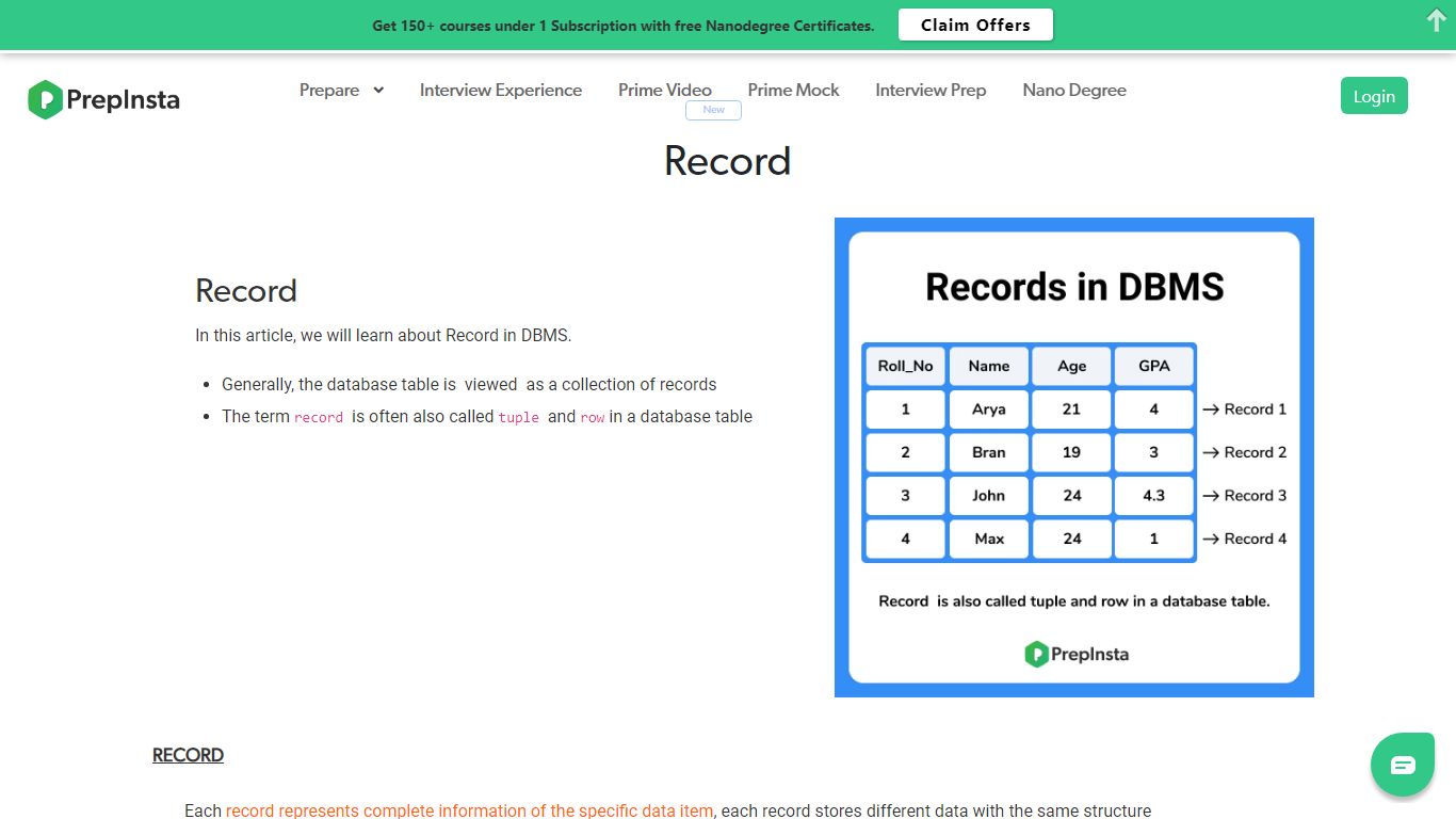 Record | Database Management System | PrepInsta