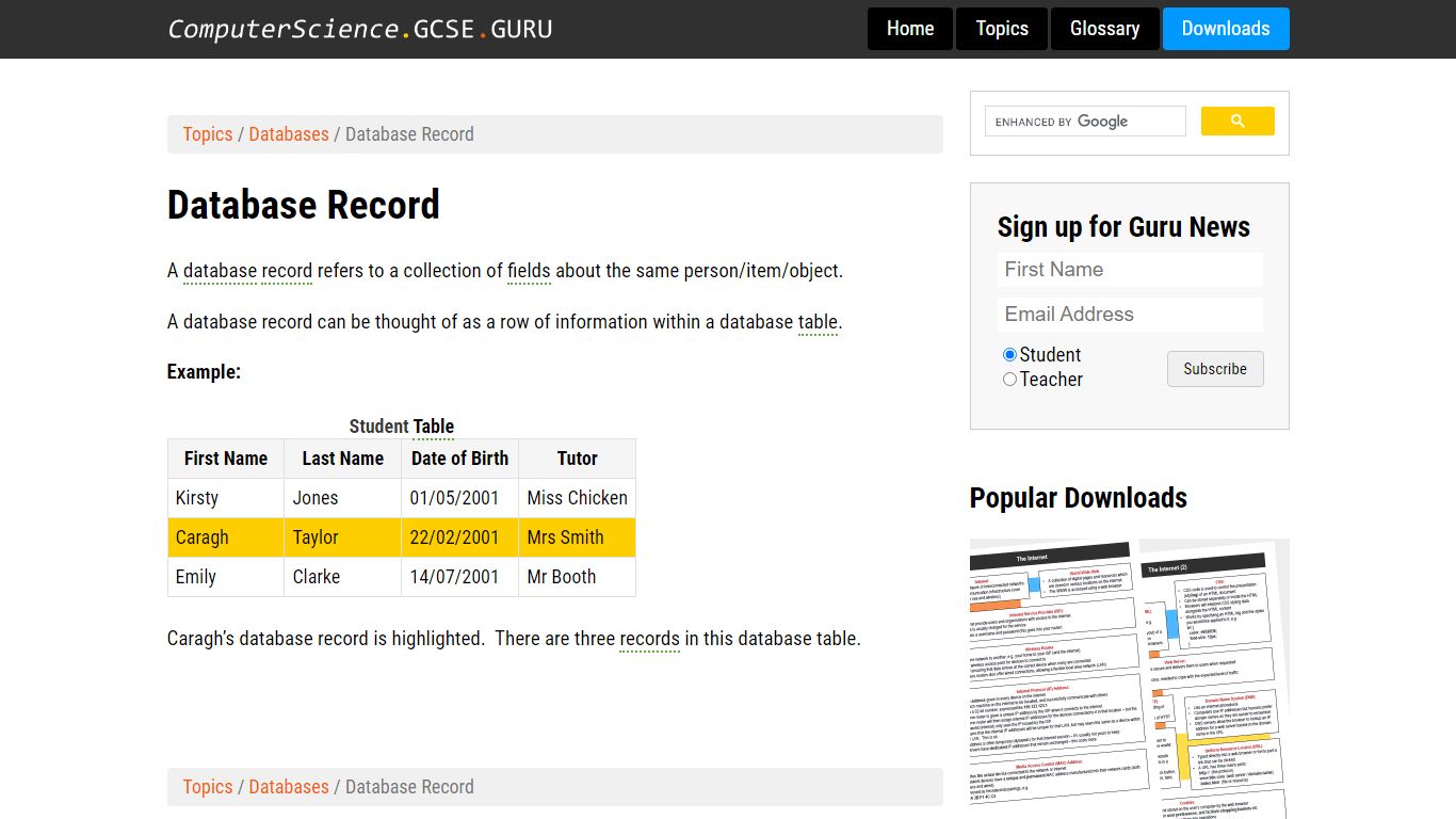 Database Record - Computer Science GCSE GURU