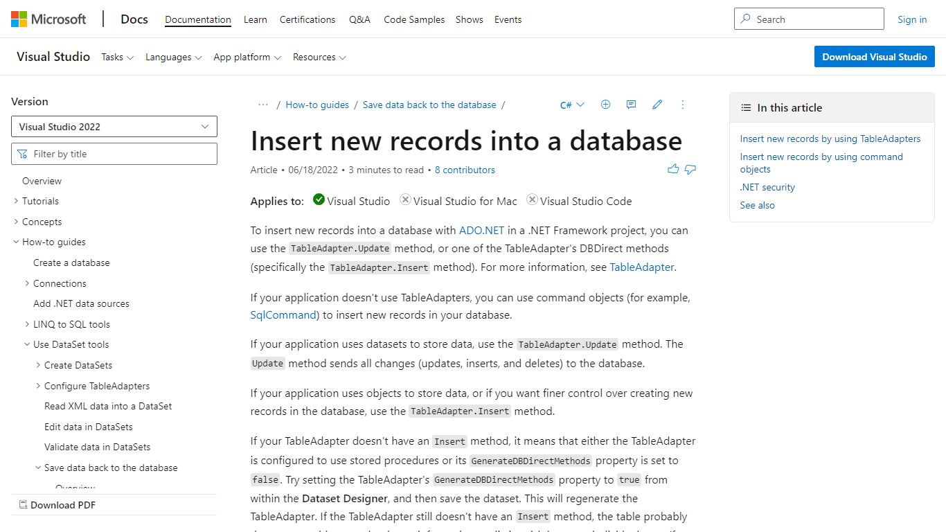 Insert new records into a database - Visual Studio (Windows)